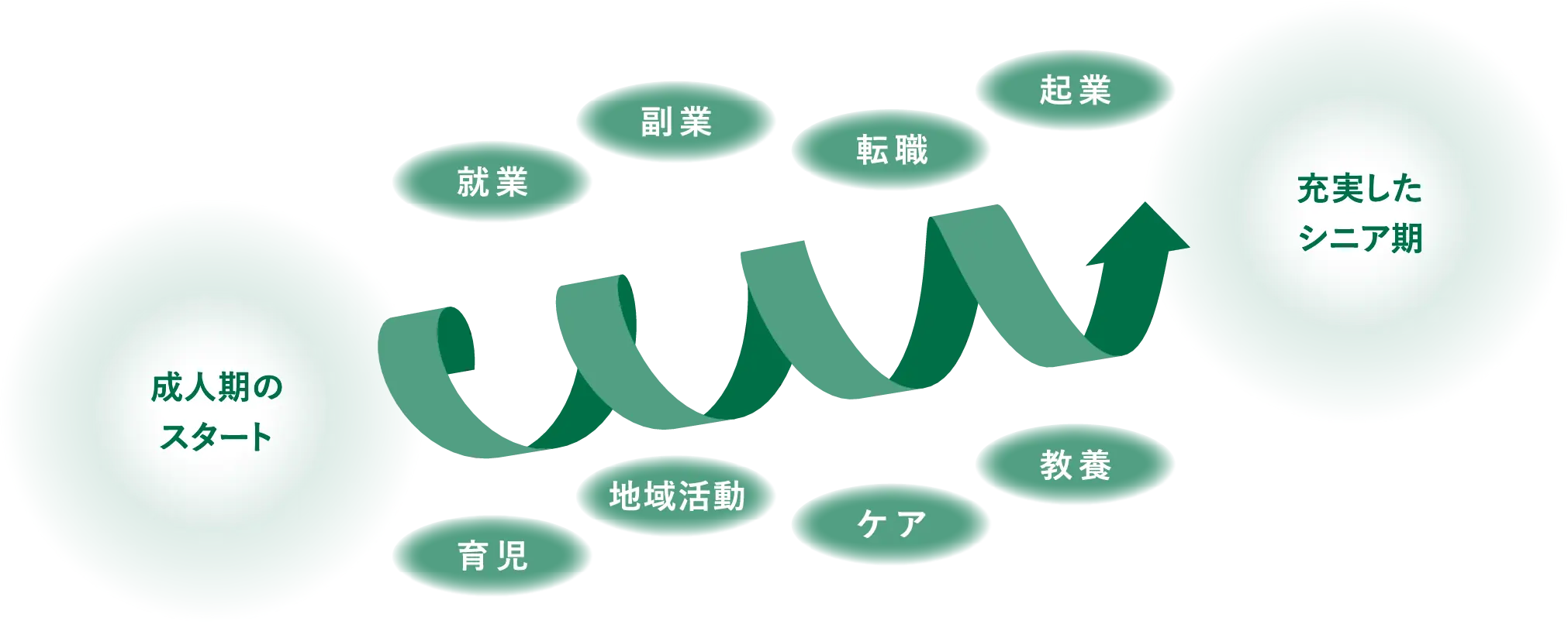 
      成人期のスタートから始まり、充実したシニア期に至る概念図。
      （就業・育児・副業・地域活動・転職・ケア・起業・教養）
      